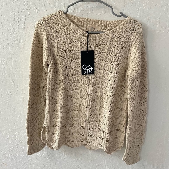 Chaser Sweaters - Chaser Cream Knit Crochet Scallop Slit Long Sleeve Pullover Sweater Small